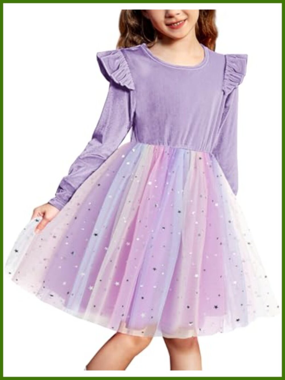 Toddler Girls Velvet Tulle Tutu Dress Long Sleeve Ruffle Star